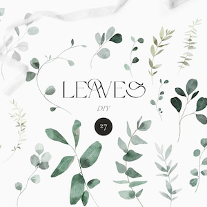 Greenery watercolor set - Watercolor leaves png - Eucalyptus clipart - Foliage png - Green leaves for wedding invite - Digital PNG clipart