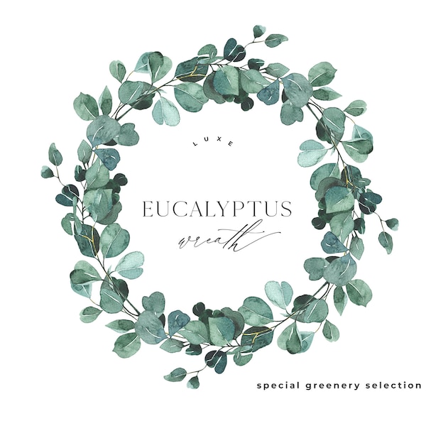 Eucalyptus wreath - Greenery frame - Foliage leaves clipart - Watercolor greenery logo - Greenery wedding invite design Digital clipart PNG