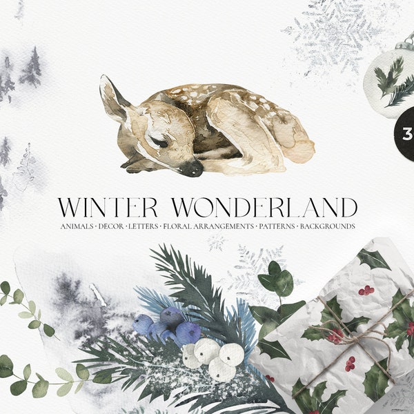 Winter Christmas watercolor clipart - Winter woodland baby animals - Christmas deers - Christmas floral frames cards patterns - Digital PNG