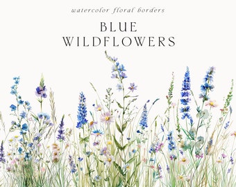 Watercolor Wildflowers Clipart - Blue Floral border png - Watercolor wildflowers borders set - Floral Wedding Clipart - Meadow clipart png