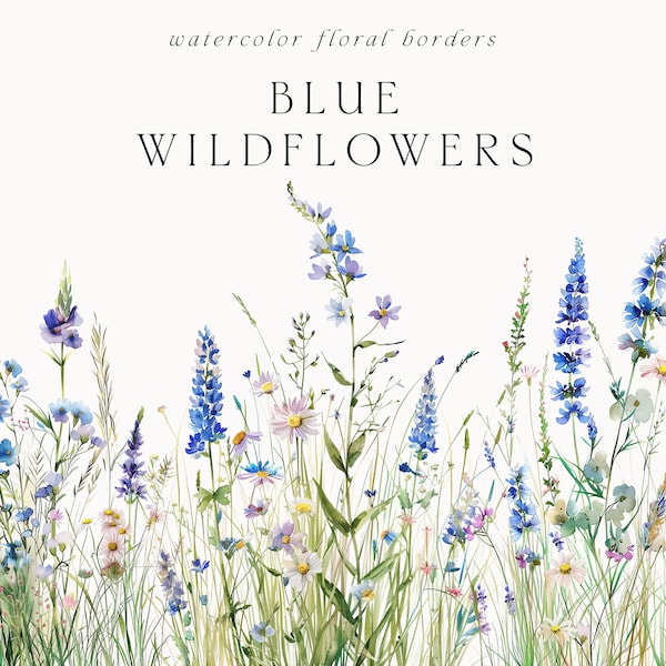 Watercolor Wildflowers Clipart - Blue Floral border png - Watercolor wildflowers borders set - Floral Wedding Clipart - Meadow clipart png