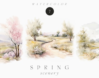 Watercolor Spring Clipart png - Spring Scenery Clipart - Spring landscape clipart - Watercolor Spring nature - Commercial use clipart PNG