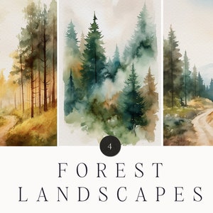 Aquarel bos achtergrond - aquarel dennenboslandschap - boslandschap schets - aquarel bomen silhouetten clipart achtergrond