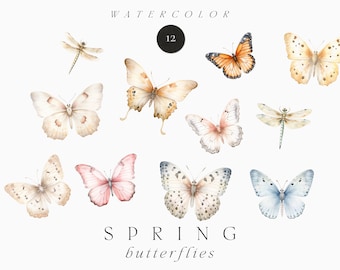 Watercolor Spring Clipart png - Spring Butterflies - Watercolor Butterfly clipart png - Dragonfly clipart png - Commercial use clipart PNG