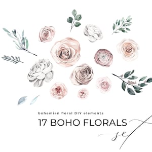 Boho florals watercolor set, modern bohemian floral DIY collection for wedding invites, stationery, card design, flowers Digital Clipart PNG