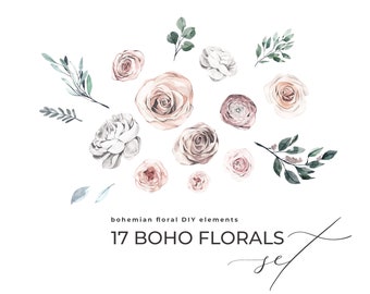Boho florals watercolor set, modern bohemian floral DIY collection for wedding invites, stationery, card design, flowers Digital Clipart PNG