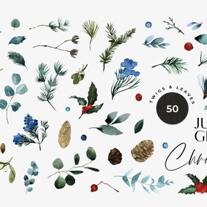 Conjunto de aquarela de vegetação de Natal - clipart de folhas verdes de folhagem - florais florais de inverno - design de cartão de convite de casamento clipart digital PNG