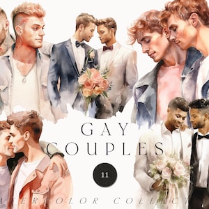 Clipart de pareja gay en acuarela - Clipart LGBTQ Clipart de orgullo - Pareja de novios en acuarela - Clipart de novios - Hombres gay - Clipart digital PNG