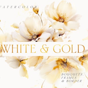 Aquarell Blumen Clipart - Weiße und goldene Blumen - Blumen Clipart png - Hochzeit Clipart - Ätherische Blumen - Clipart für kommerzielle Nutzung