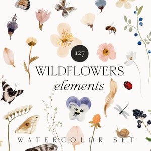 Watercolor Floral Clipart Wild Flowers Clipart Dainty Flowers Dried Tiny Pressed flowers butterfly clipart invite logo Digital PNG image 1