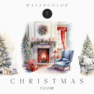Aquarell Weihnachten Clipart - Weihnachten Zimmer - Weihnachtsbaum png - Weihnachten Kamin dekoriert Wohnzimmer - Kommerzielle Nutzung Clipart PNG