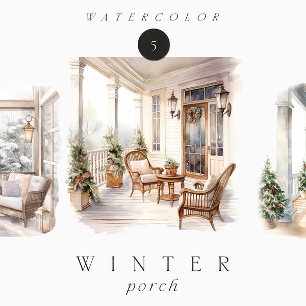 Watercolor Winter Clipart - Watercolor Christmas Clipart PNG - Winter Porch House - Christmas home terrace - Commercial use card clipart PNG