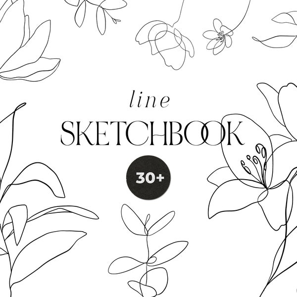 Line floral clipart set - One line drawing sketch flowers - Minimal abstract line art botanical - Wedding invite card logo - PNG and vector