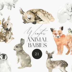 Bébés animaux d'hiver - Clipart d'animaux d'aquarelle d'hiver - Animaux de la forêt dans la neige - Animaux de l'Arctique - Câlin animal - Enfants animaux bébé mignon PNG