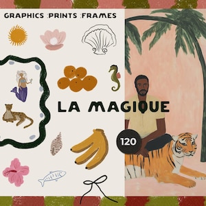 Clipart caprichoso desenhado à mão - Ícones tropicais de verão desenhados à mão - Desenhos peculiares de clipart de Matisse - Impressões em guache - Ícones caprichosos de casamento
