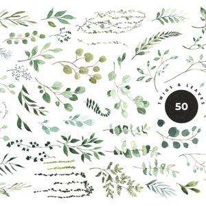 Zestaw akwareli Greenery - Liście zielone, kwiaty, kwiaty DIY, malowanie kwiatów - nowoczesny projekt zaproszenia ślubnego Cyfrowy clipart PNG