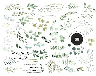 Greenery watercolor set - Foliage green leaves floral florals DIY flowers painting - modern wedding invite card design Digital PNG clipart