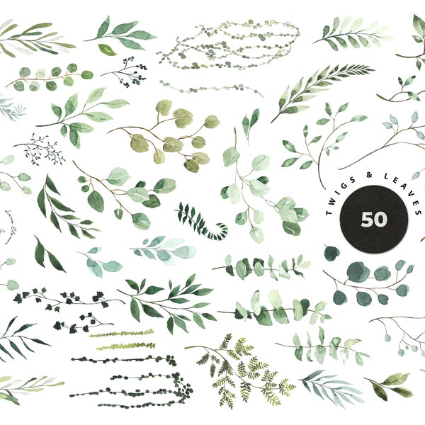 Greenery watercolor set - Foliage green leaves floral florals DIY flowers painting - modern wedding invite card design Digital PNG clipart
