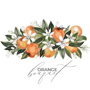 Orange watercolor flowers and fruits - composition floral citrus - wedding blossom - sophisticated embellished white Digital clipart PNG