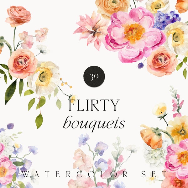 Watercolor floral bouquets - Floral clipart png - Spring flowers png - Summer floral clipart wedding invite card logo - Digital PNG clipart