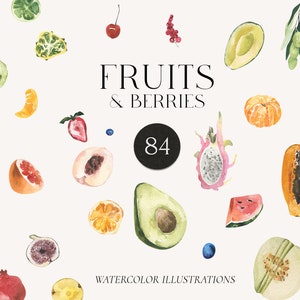 Obst Aquarell Set - Obst und Beeren Clipart - Obst Aquarell Sammlung - Eco Vegan Gesunde Lebensmittel Gesundheit Lifestyle PNG Clipart