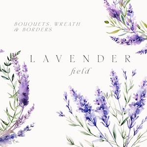 Acuarela lavanda Floral Clipart - bordes de lavanda - corona de lavanda png - imágenes prediseñadas de lavanda acuarela para invitaciones - flores violetas png