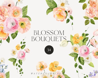 Bouquets de fleurs aquarelle - Floral clipart png - Fleurs de printemps png - Été floral clipart mariage carte d'invitation logo - Digital PNG clipart