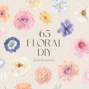 Zestaw akwareli Pastel Flowers - Kwiaty wiosenne i letnie - Kobiece różowe fioletowe kwiaty liście - Logo zaproszenia ślubnego - Cyfrowy clipart PNG