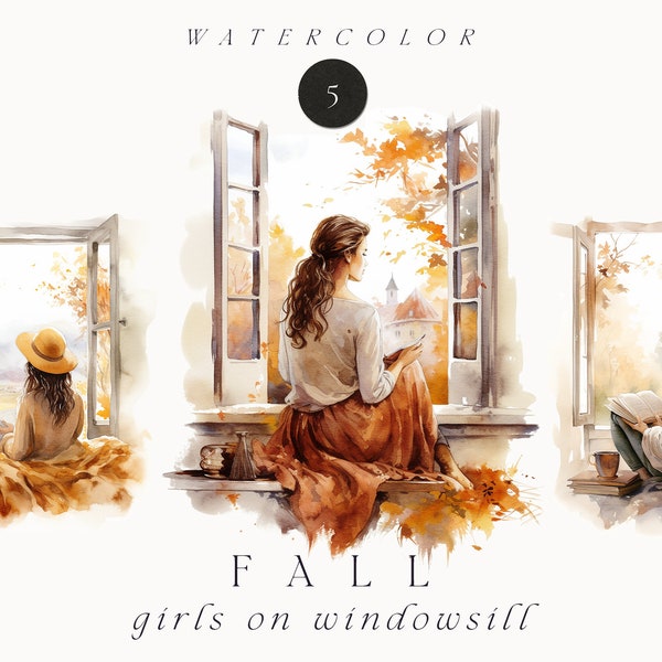 Watercolor Fall Clipart - Girls on windowsill - Fall Women clipart - Watercolor Autumn png - Autumn scene - Commercial use clipart png