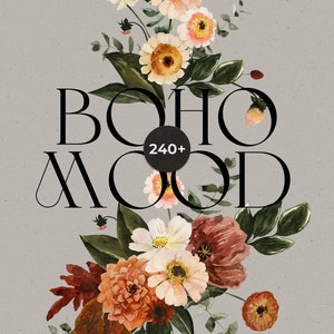 Colección de imágenes prediseñadas de flores de acuarela boho - Flores de acuarela de boda boho - Coronas de flores boho - Clipart digital PNG