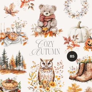 Autumn Watercolor Clipart - Fall Watercolor Clipart PNG - Cozy Autumn Decor set - Halloween pumpkins clipart - Thanksgiving watercolor png