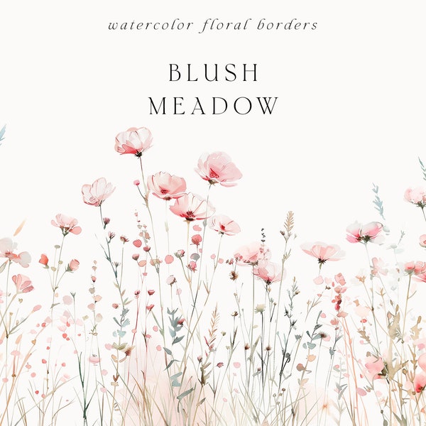 Watercolor Wildflowers Clipart - Blush Wildflowers Borders - Watercolor floral clipart PNG - Soft Pink borders - Light Pink Wedding clipart