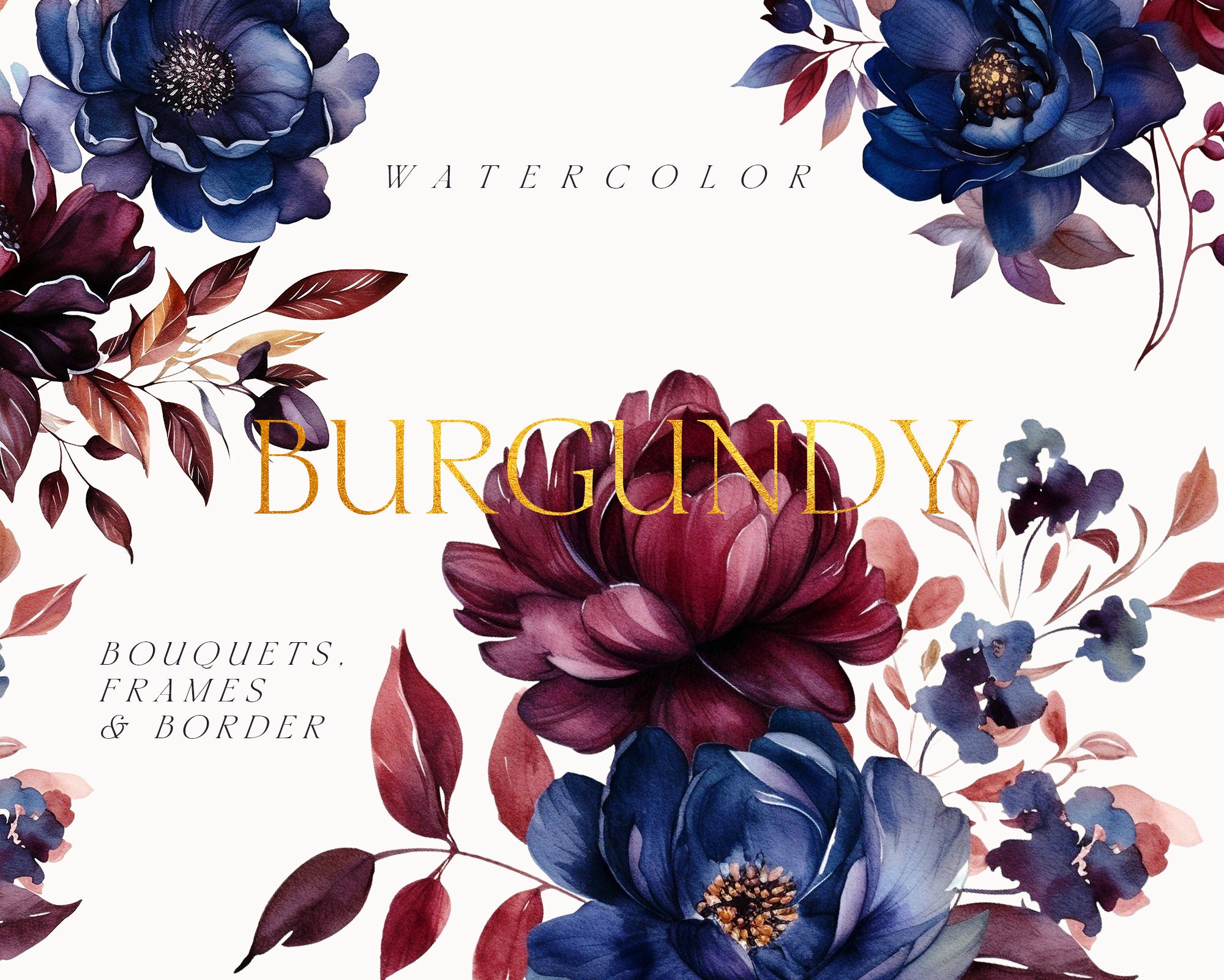Watercolor Fall flowers - Fall clipart - Dark Burgundy flowers clipart png - Wedding Fall bouquets - Autumn flowers for commercial use - PNG