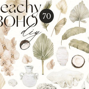 70 Boho DIY floral aquarela conjunto - Clipart tropical - Aquarela do deserto folhas de palmeira orquídea flor conchas cerâmica coco - Clipart PNG