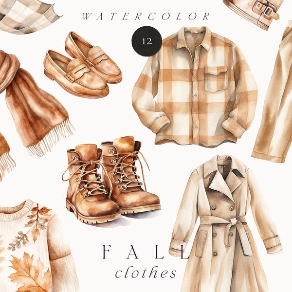 Watercolor Fall Clipart - Fall Clothes - Watercolor Autumn clipart png - Autumn Fashion clipart - Cozy Autumn - Commercial use clipart png