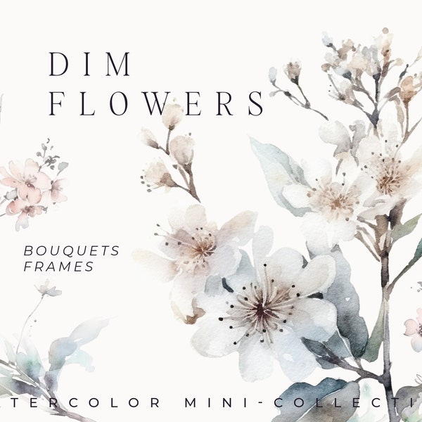 Watercolor Dim Floral Clipart - Ethereal Grey Neutral Flowers clipart png - Cherry Blossom flowers airy floral wreath - Digital clipart PNG