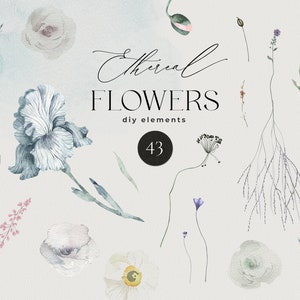 Imágenes prediseñadas de flores etéreas - Elementos florales abstractos de bricolaje en tonos pastel suaves - Flores de acuarela - Logotipo de tarjeta de invitación de boda - Imágenes prediseñadas PNG digitales