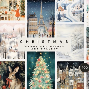 Stampe artistiche da parete di Natale - 100 stampe artistiche di Natale - Biglietti di Natale - Decorazioni natalizie vintage - Set di poster invernali - Natale per bambini