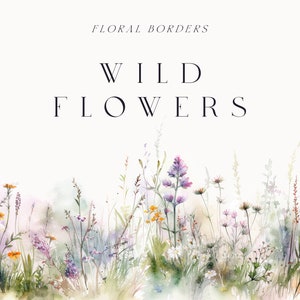 Aquarelle Floral Clipart - Fleurs sauvages clipart floral - Ensemble de bordure florale pâle douce - Fleurs d’été de printemps de prairie - Clipart numérique PNG