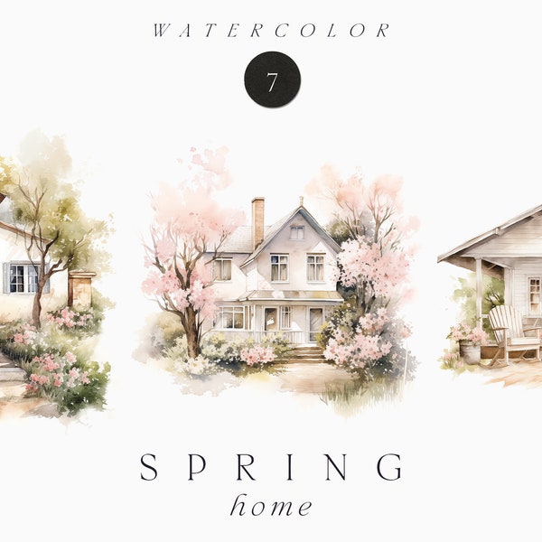 Watercolor Spring Clipart png - Spring Home Clipart png - Spring house clipart - Watercolor House pink flowers - Commercial use clipart PNG