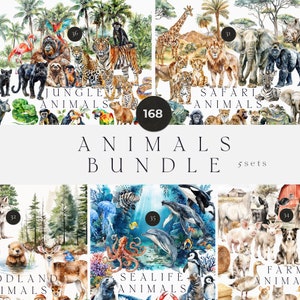 PAQUETE DE IMÁGENES DE ANIMALES EN ACUARELA: 168 imágenes prediseñadas de animales: animales bebés, animales de la jungla tropical de safari, vida marina submarina, granjas forestales