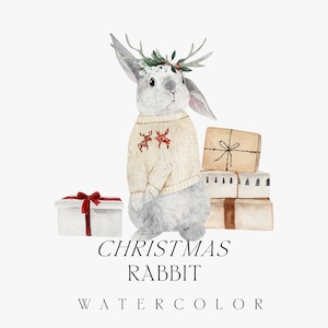 Aquarell Weihnachtshase - Baby Hase Clipart - Süßer Hase für Weihnachtskarten - Hase mit Geschenk symbol 2023 - Digitale Clipart PNG