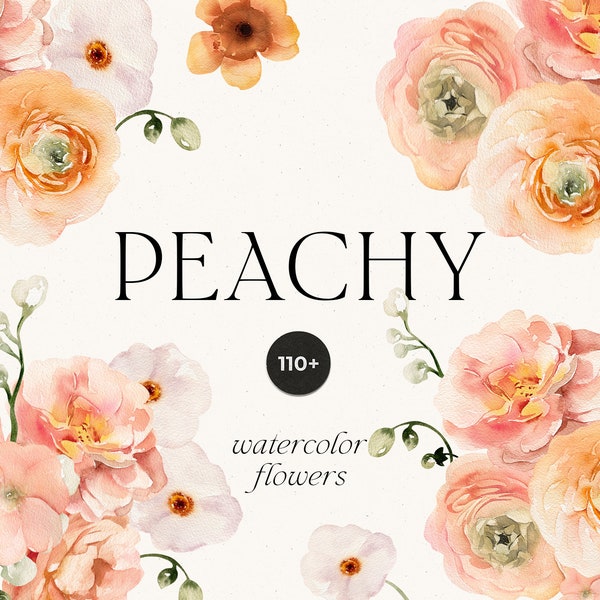 Watercolor floral clipart - Peachy apricot Peach fuzz flowers - Watercolor flowers frames for wedding invite card logo - Digital clipart PNG