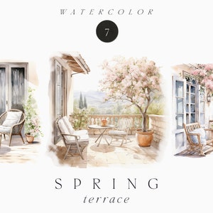 Watercolor Spring Clipart png - Spring Terrace Clipart png - Spring house porch - Floral Terrace with armchairs - Commercial use clipart PNG