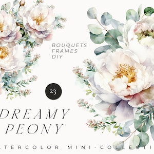 Aquarell Pfingstrose Blumen Clipart - Verträumte weiße Pfingstrose Blumen png - Blumen Clipart für Einladungen - Pfingstrosen Blumenkranz - Digitale Clipart PNG