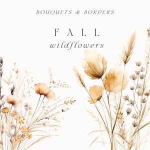 Watercolor Floral Clipart - Watercolor Autumn flowers - Fall Wildflowers clipart png - Floral border - Wedding clipart brown neutral flowers
