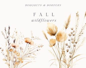 Clipart floral aquarelle - fleurs d’automne aquarelle - automne fleurs sauvages clipart png - bordure florale - mariage clipart brun fleurs neutres