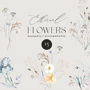 Ethereal flowers clipart - Soft pastel abstract floral bouquets - Watercolor tender florals - Wedding invite card logo - Digital PNG clipart