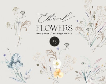 Ethereal flowers clipart - Soft pastel abstract floral bouquets - Watercolor tender florals - Wedding invite card logo - Digital PNG clipart