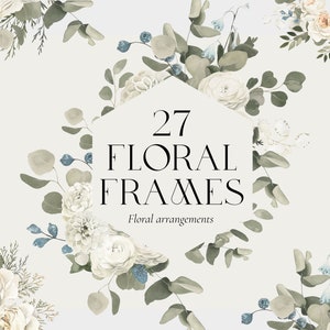 Floral Frames watercolor set - Neutral pale soft white flowers frames wreaths clipart - for wedding invite card logo - Digital PNG clipart